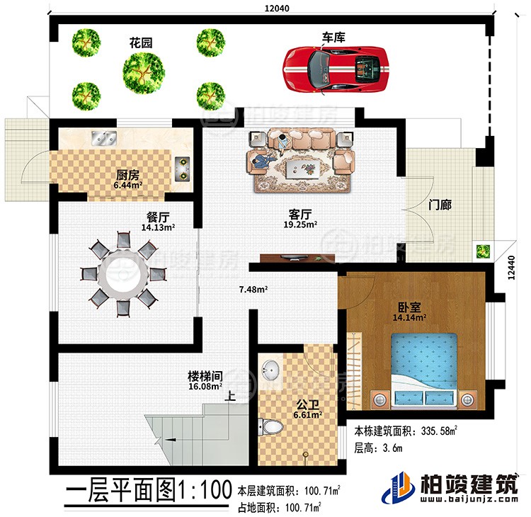 一层：门廊、花园、车库、厨房、餐厅、客厅、楼梯间、卧室、公卫