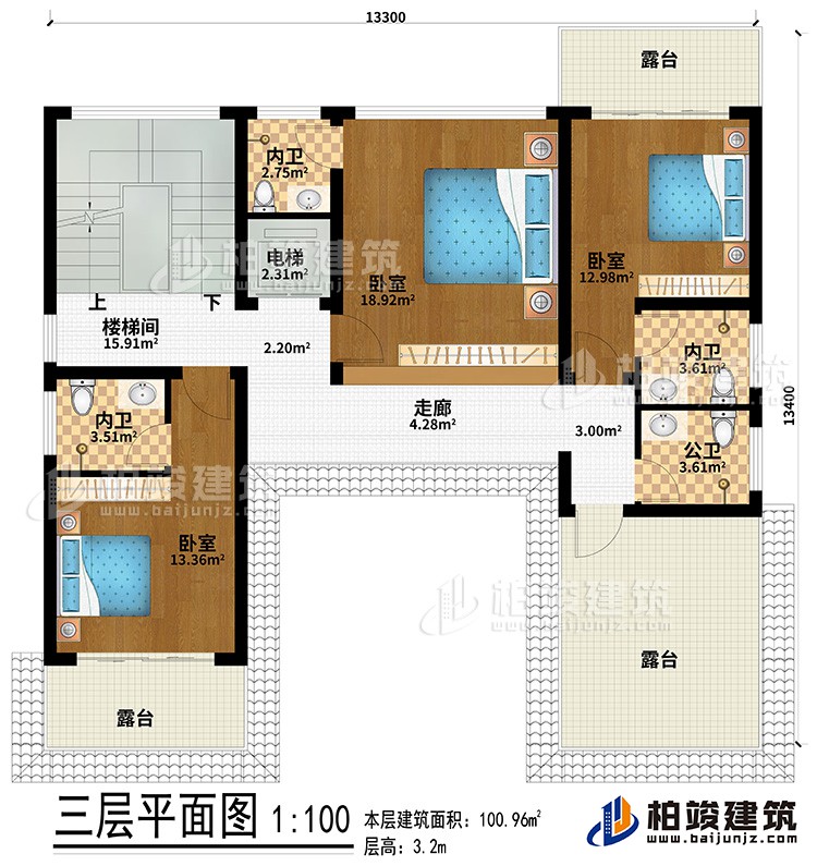 三层：走廊、3卧室、3内卫、3露台、楼梯间、电梯、公卫